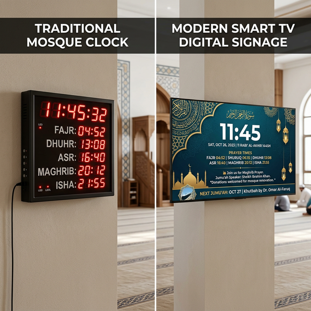 Perbedaan Jam Digital Masjid Biasa vs Azan Digital TV Masjid